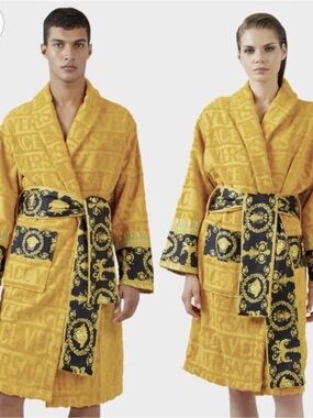 Versace Yellow Gold Logo-Embossed Plush Robe with Baroque Trim